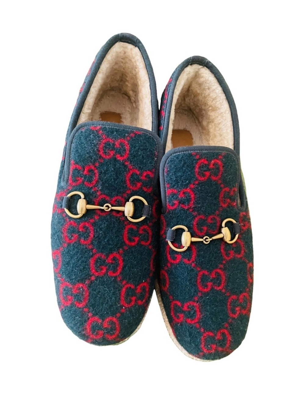 Gucci Green Wool GG Slip-On Mules with Red Monogram & Gold Horsebit